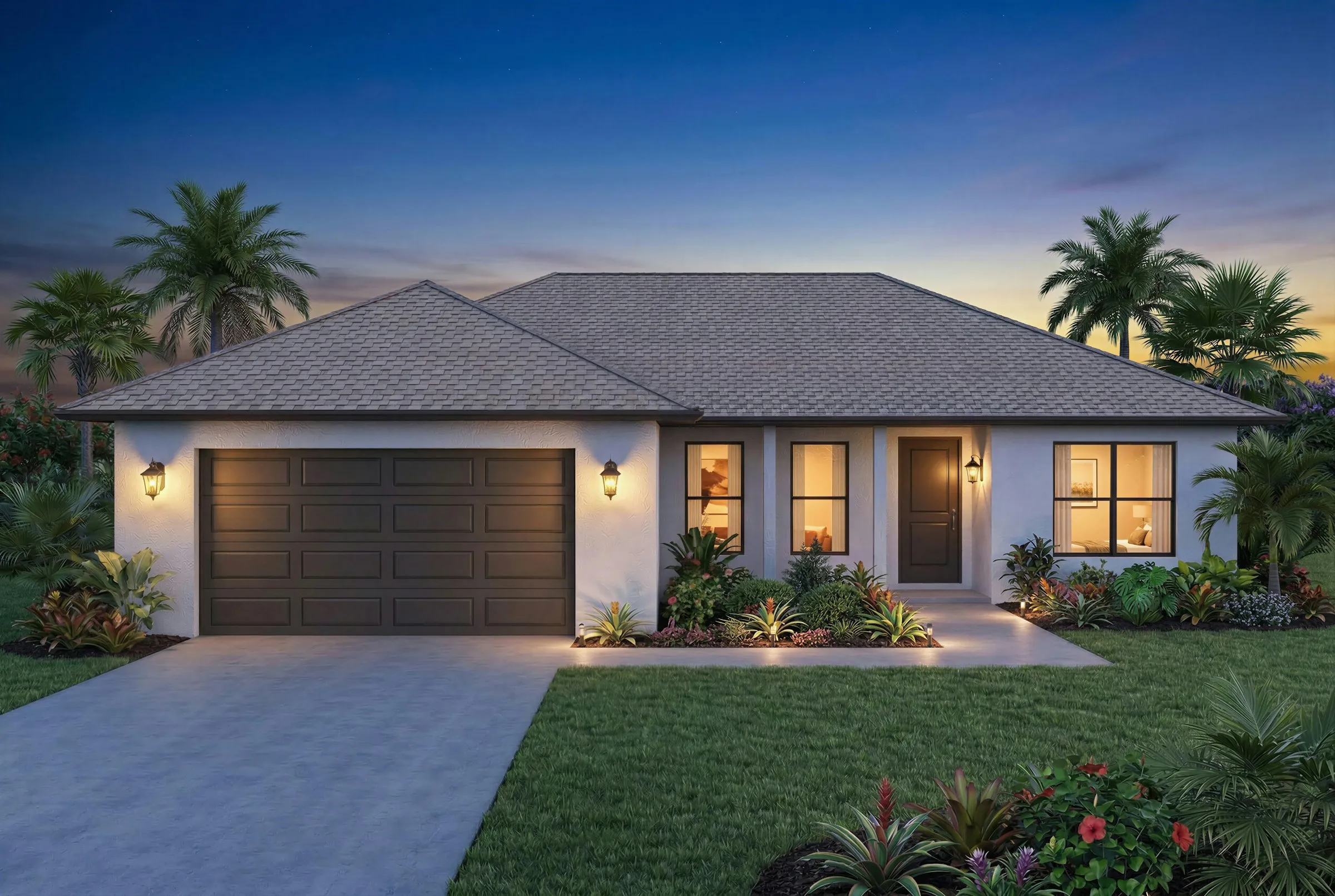 Una casa de un piso en Florida, con palmeras y las ventanas encendidas al anochecer